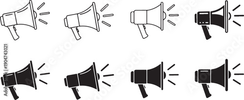 Eight megaphone in black and white outline and silhouette styles bullhorn loudspeaker announcement sound