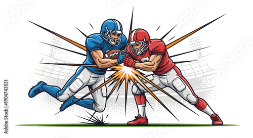 Illustration of two American football players colliding on a field with dynamic lines, one in blue and the other in red uniform, conveying action and competition.