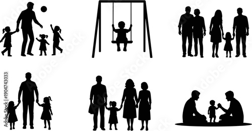 Set of black silhouettes of families including parents and children playing on swings walking together and holding hands for lifestyle and parenting concepts