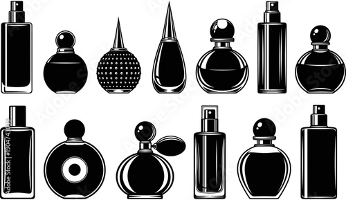Set of black silhouettes of perfume bottles with various shapes including vintage atomizers and modern spray bottles for beauty and fragrance branding