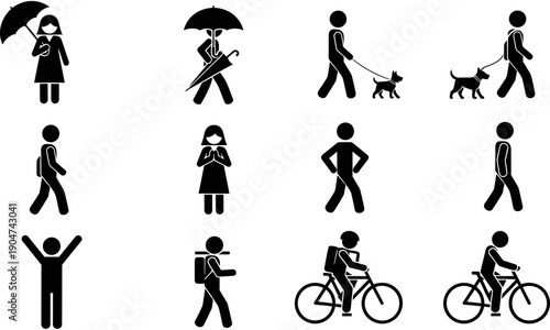 Set of black stick figure icons featuring people walking dogs riding bicycles carrying umbrellas and wearing backpacks for urban lifestyle and pedestrian navigation