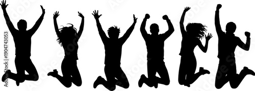 Set of black silhouettes of diverse people jumping with arms raised, celebration success and active lifestyle concept on white background