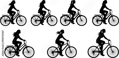 Set of black silhouettes of a woman riding a bicycle, female cyclist in motion for urban commuting and outdoor fitness concept