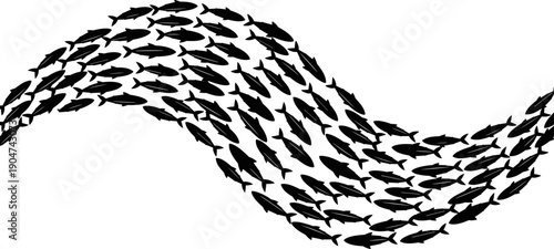 Black silhouette of a large school of fish swimming in a wave formation, marine life and underwater nature pattern concept