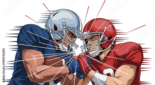 Illustration of two American football players colliding on the field during a match with a burst effect.
