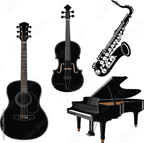 Black musical instruments set including violin saxophone guitar and piano
