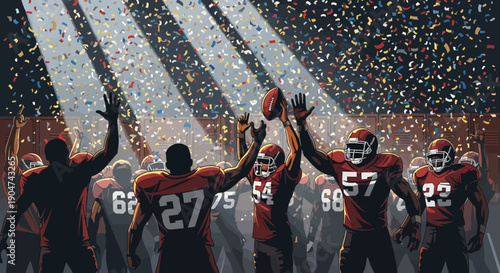 Illustration of American football players celebrating a victory with a football in a stadium with confetti, conveying a joyful mood with a cinematic lighting effect.