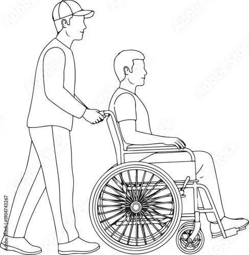 Man pushing another man in a wheelchair line assistance mobility