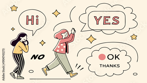 Illustration of two women communicating with various speech bubbles and symbols on a beige background