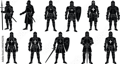 Medieval knight silhouettes, armored warriors, swords and shields, historic battle poses, heraldic emblems, ancient armor