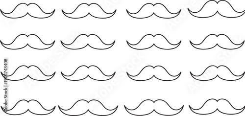 Repeating pattern of black outline cartoon mustaches on a white background moustaches facial hair