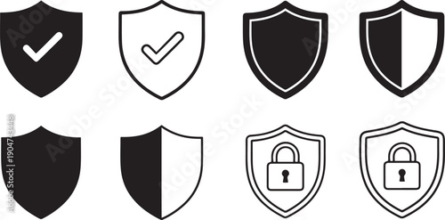 Set of eight black and white shield with security symbols protection lock padlock