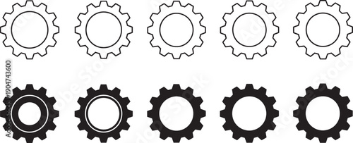 Ten black and white gear arranged in two rows of five cogwheel mechanical industry