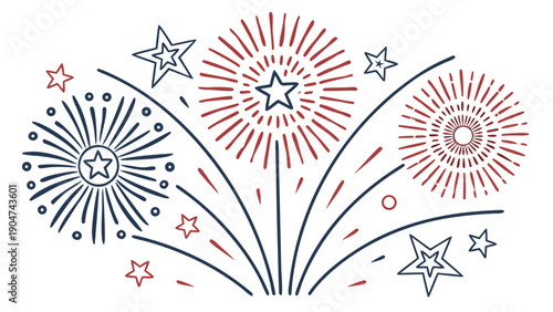 Hand drawn red and blue fireworks burst with stars on a white background for celebration