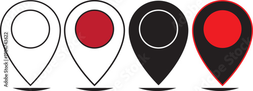location icon, map pin icons in outline, black and red styles. solid black, blue, and red markers, representing geographical points. solid black, blue, and red markers, representing geographical point