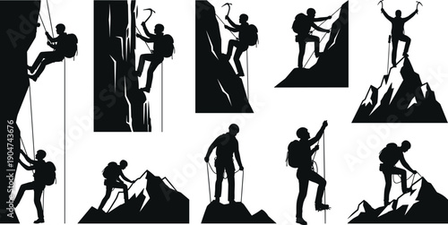 Mountain climbing silhouette icon set, climber gear, rope harness, backpack, ice axe, rugged terrain, peak summit, adventure sport, exploration, vector illustration, black pictogram