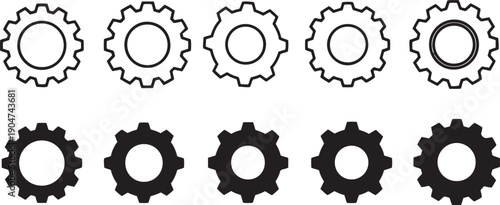 Vector set of black and white animal icons featuring cats and autumn symbols integrated with industrial gear and cogwheel machinery design elements for engineering technology