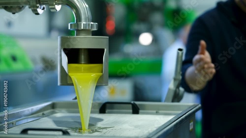 Industrial olive oil extraction process with fresh liquid flowing from stainless steel machine spout