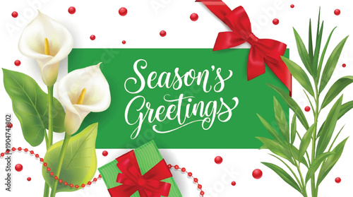 Vibrant and festive Season's Greetings illustration with elegant calla lilies, lush green foliage, and cheerful red bows, ideal for holiday wishes