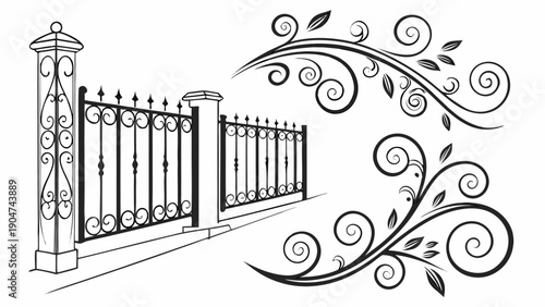 Hand drawn sketch of a decorative wrought iron fence with elegant floral swirl ornaments