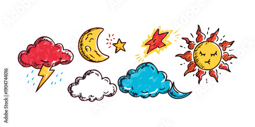 Obraz na plátně A vibrant and colorful illustration of various weather phenomena and celestial bodies