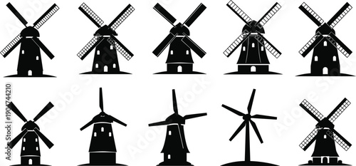 Silhouette windmills collection, traditional windmill designs, modern turbine blades, renewable energy, rural architecture, eco power, historic windmill structures