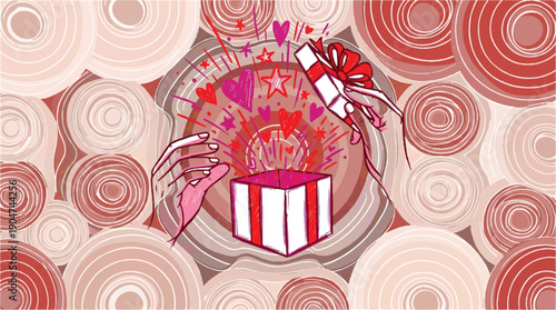 Surprised woman opening gift box with exploding hearts and stars on red abstract circles background