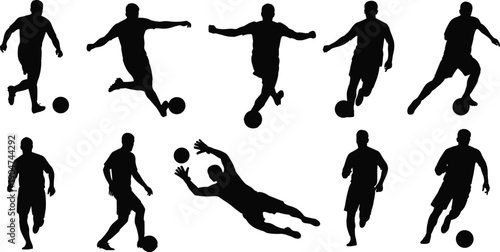 Soccer player silhouette icon set, running, kicking, dribbling, diving, defending, ball control, team sport, competition, vector illustration, black pictogram, athletic movement, game action