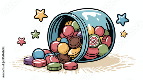 A colorful vector illustration of a jar filled with candy and spilling out onto the ground