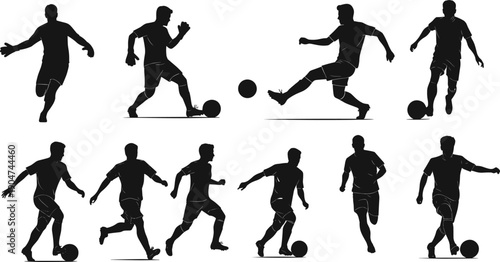 Soccer player silhouette icon set, running, kicking, dribbling, striking, ball control, team sport, competition, athletic movement, training