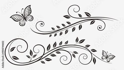 Elegant hand drawn floral flourishes with delicate leaves and flying butterflies on white.