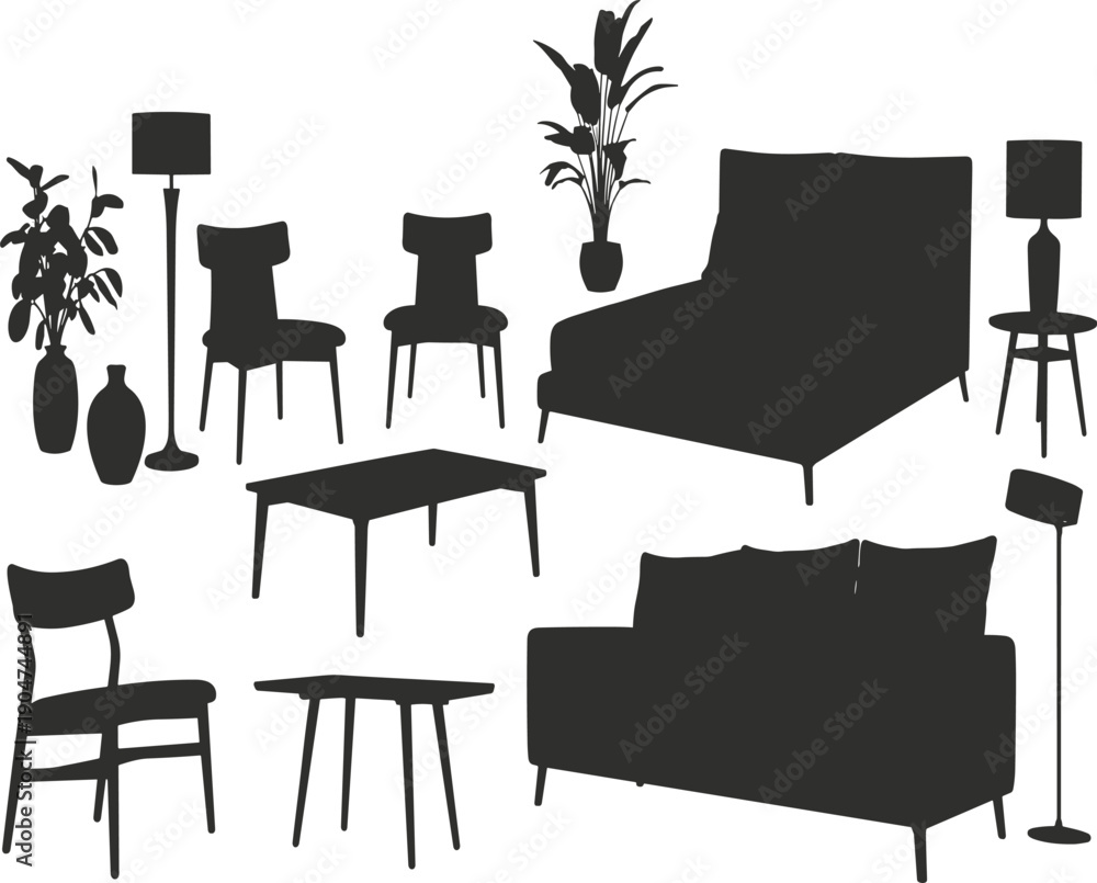 Fototapeta premium Black Silhouettes of Furniture and Decor on White Background