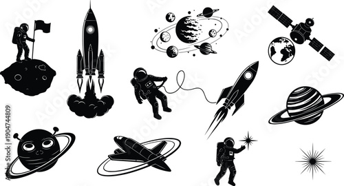 Space exploration silhouette icon set, astronaut, rocket launch, satellite orbit, solar system, planet rings, space shuttle, starburst, cosmic science, vector illustration, black pictogram