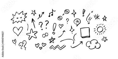 Canvastavla A delightful array of diverse doodles and symbols in black and white Vector