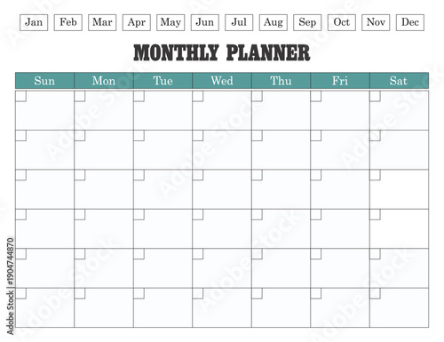 Undated or perpetual minimalist monthly planner. Vector design.