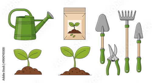 Vector illustration of gardening tools and seedlings isolated on transparent background