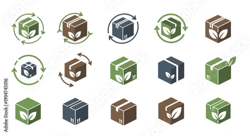 Vector icons of eco-friendly packaging boxes with recycling symbols in green, blue, and brown colors, isolated on transparent background