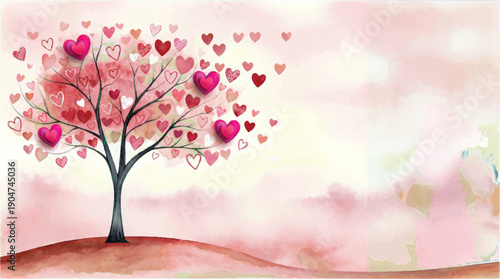Tree with many colorful hearts on pink cloudy background