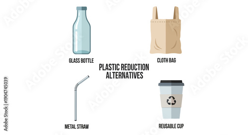 Vector illustration of eco-friendly plastic reduction alternatives including glass bottle, cloth bag, metal straw, and reusable cup isolated on transparent background