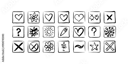 Schilderij op canvas Diverse icons representing various actions and statuses in a grid layout Vector