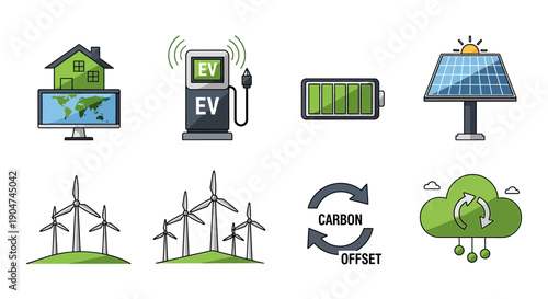 Eco friendly icons including electric vehicle charging, solar panel, wind turbines and carbon offset symbol, isolated on transparent background