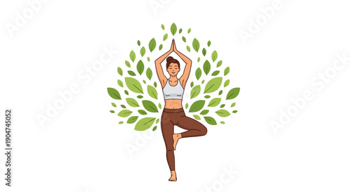 Woman in yoga tree pose surrounded by green leaves isolated on transparent background