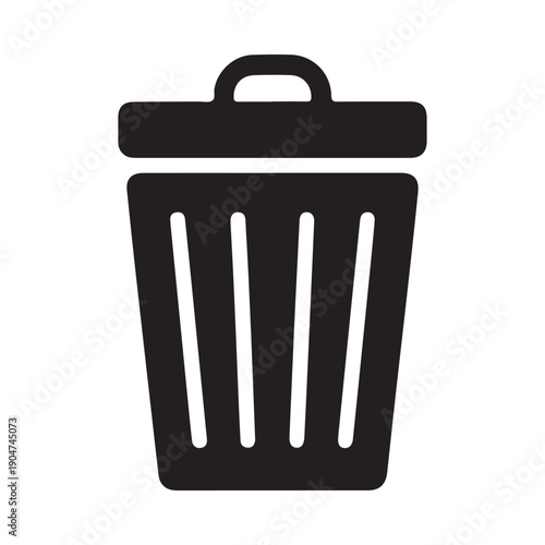 Black trash bin vector icon isolated on white background with four vertical white stripes and handle lid