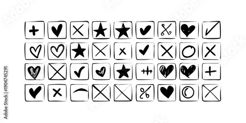 Diverse set of check marks and cross marks in various styles and orientations Vector