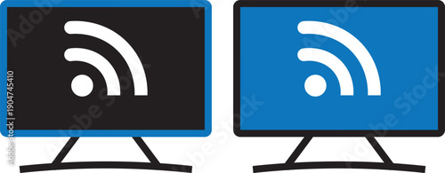 RSS feed icon on computer screen and laptop screen. screen wifi. News update, blog subscription symbol. Internet computer icon on transparent background
