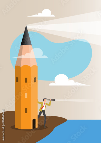 Creative Lighthouse Concept with Businessman and Giant Pencil Beacon on Shoreline