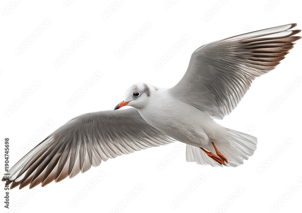 Obraz premium White seagull with outstretched wings in flight against a dark background isolated on a transparent background