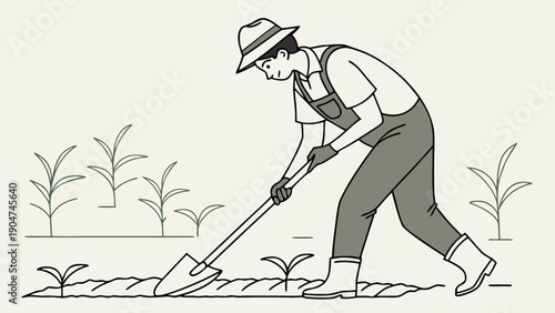 Minimalist illustration of a male gardener wearing a hat and overalls digging in a field