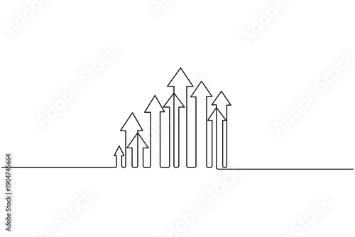 business growth bar chart and arrow icon continuous one line art style vector