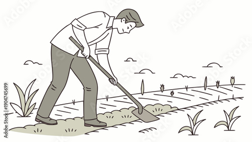 A man wearing a formal shirt and tie is working in a field using a hoe to till the soil.